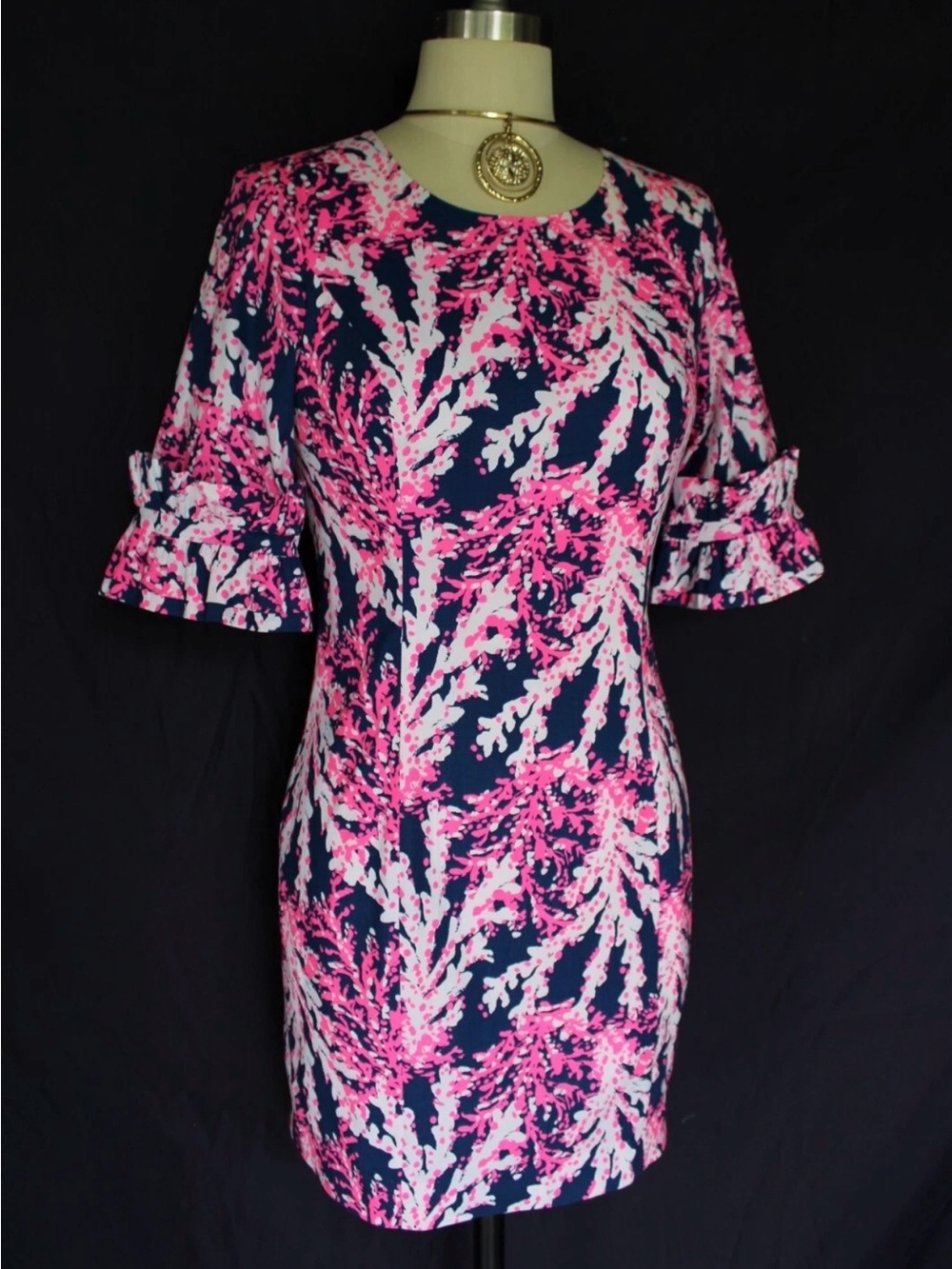 Lilly Pulitzer Navy Pink Floral Shift Dress with Ruffle Sleeves